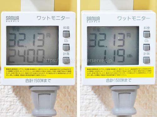 アルピナウォーター「エコサーバー」の通常運転時の電気代を計測。左：時間、右：積算電力量