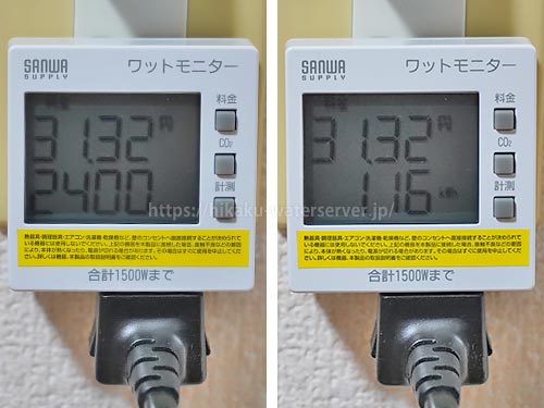 アクアファブ24時間の電気代を計測。左：時間、右：積算電力量