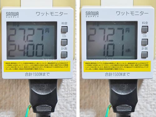 デュオミニ、通常運転での電気代を計測。左：時間、右：積算電力量