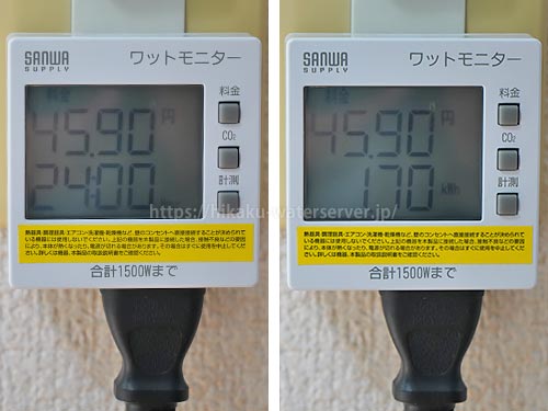 サイフォンプラス、通常運転での電気代を計測。左：時間、右：積算電力量