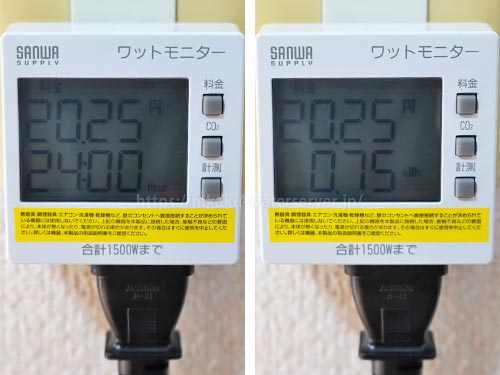 スラット＋カフェ、エコモード・SLEEP機能を使用しない電気代を計測。左：時間、右：積算電力量