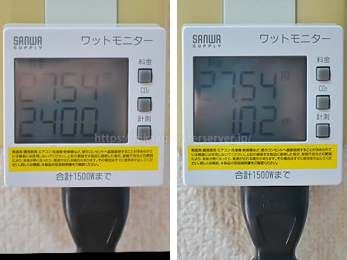 ハミングウォーター「flows」、エコモードを使用しない電気代を計測。左：時間、右：積算電力量