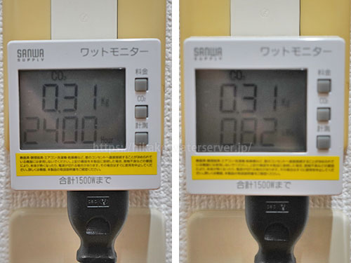 ピュレスト、エコモードで使用した電気代を計測。左:料金と時間、右:料金と積算電力量