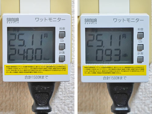 ロッカSlim-R、エコモードを使用しない電気代を計測。左：時間、右：積算電力量