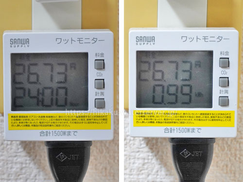 プレミアムウォーター・オーラの通常使用時の24時間の電気代を計測。左:料金と時間、右:料金と積算電力量