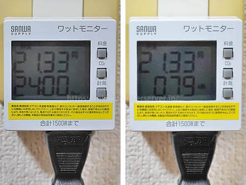 プレミアムウォーター・カドー、弱冷水でエコモードを使用した電気代を計測。左：時間、右：積算電力量
