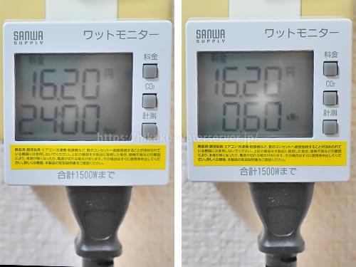 うるのん「ウォーターサーバーGrande（グランデ）」、エコモードとライトセンサー機能を使用した電気代を計測。左：時間、右：積算電力量