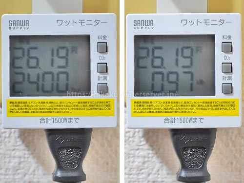 うるのん「ウォーターサーバーGrande（グランデ）」、通常運転の電気代を計測。左：時間、右：積算電力量