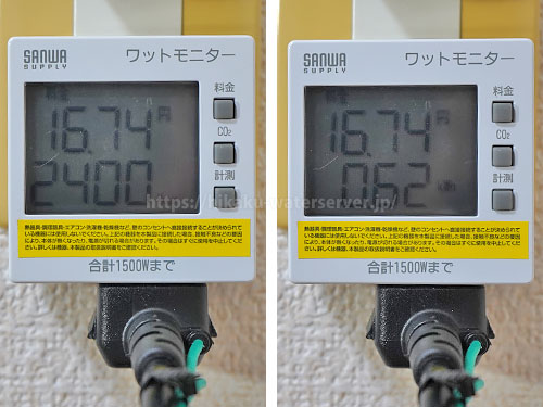 ヴィヴィウォーター・ミストのエコ機能を使用した電気代を計測。左：料金と時間、右：料金と積算電力量