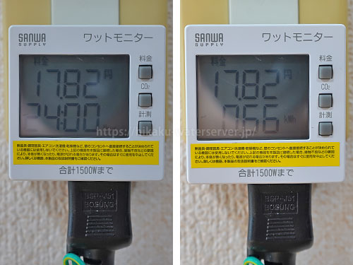 ヴィヴィウォーター・ショートのエコ機能を使用した電気代を計測。左：料金と時間、右：料金と積算電力量