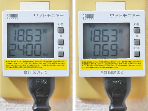 ウォータースタンド・ピュアライフ、節電モード（レベル1）で使用した電気代を計測。左：料金と時間、右：料金と積算電力量