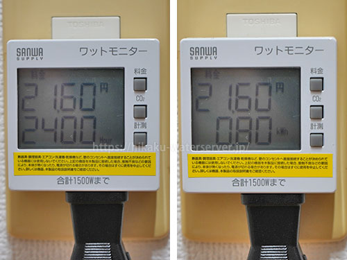 ウォータースタンド・ピュアライフ S、通常モードで使用した電気代を計測。左:料金と時間、右:料金と積算電力量