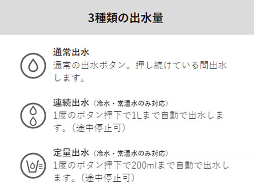オーラ ウォーターサーバーは3種類の出水量が選べる