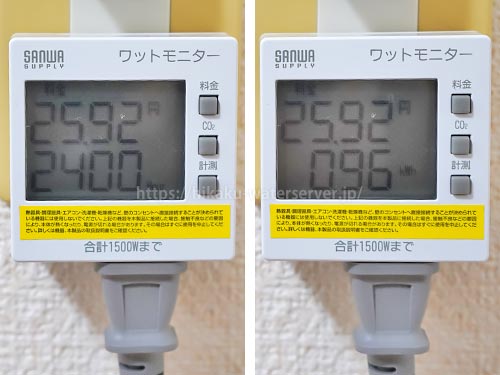 アルピナウォーター「エコサーバー」のエコモード使用時の電気代を計測。左：時間、右：積算電力量