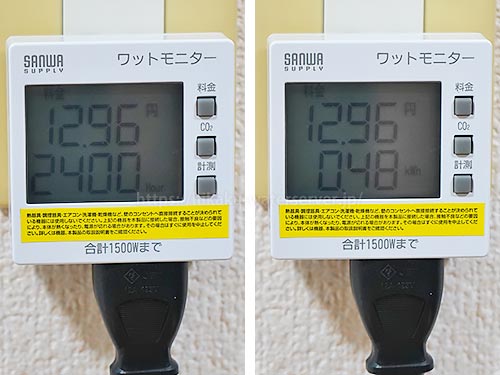 スマートプラス ネクスト、エコモード1回と弱温度で使用した電気代を計測。左：料金と時間、右：料金と積算電力量