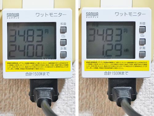 クリクラFIT24時間の電気代を計測。左：時間、右：積算電力量