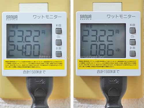 ウォータースタンド・ピュアライフ、節電モードなしで使用した電気代を計測。左：料金と時間、右：料金と積算電力量